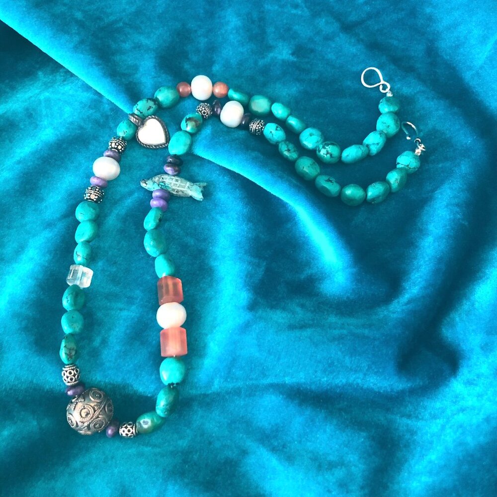 BOHO mixed bead necklace Turquoise Amber Silver Beads faux pearls